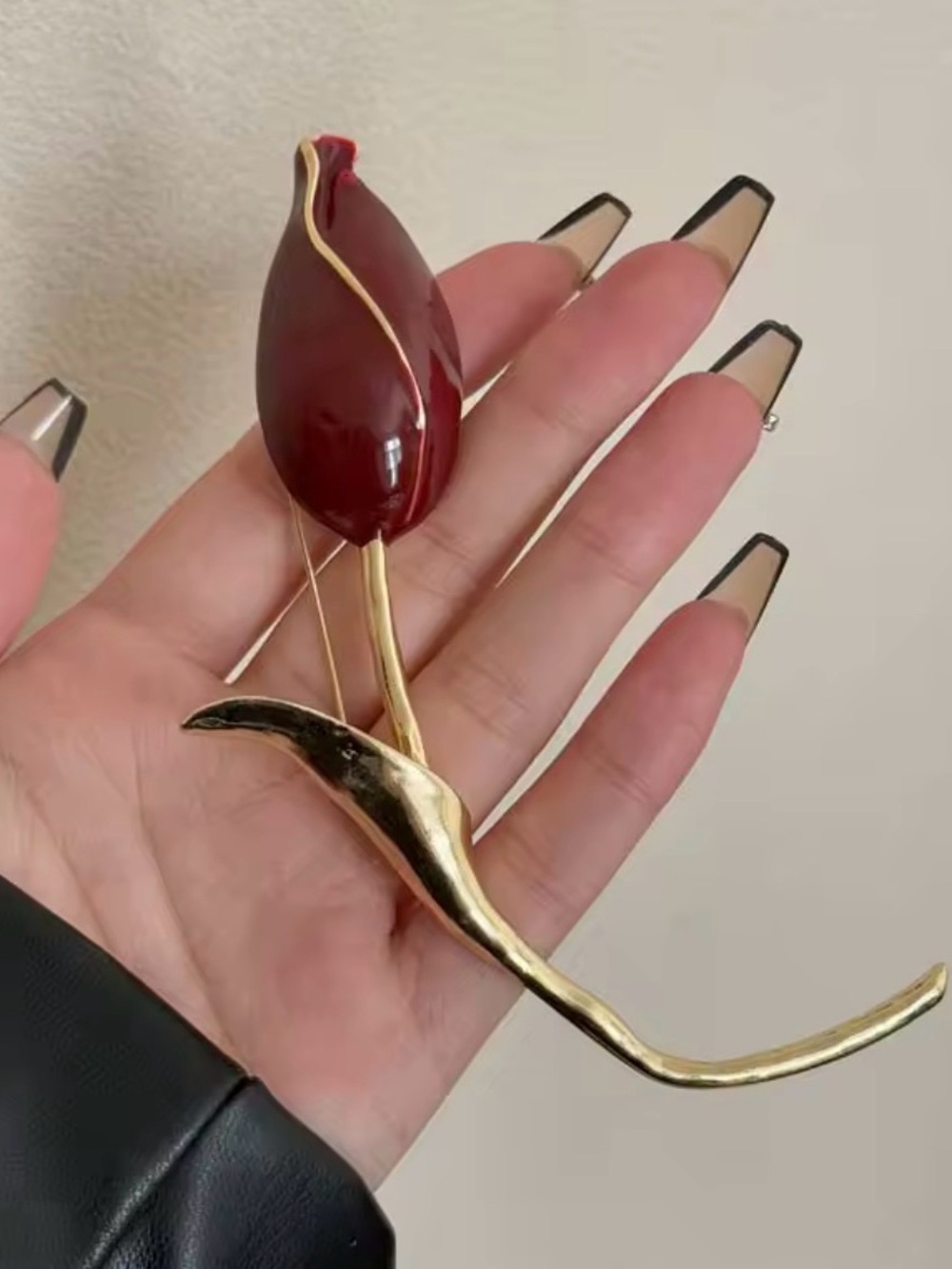 Gold Tulip Brooch with Deep Red Enamel Petal PIN